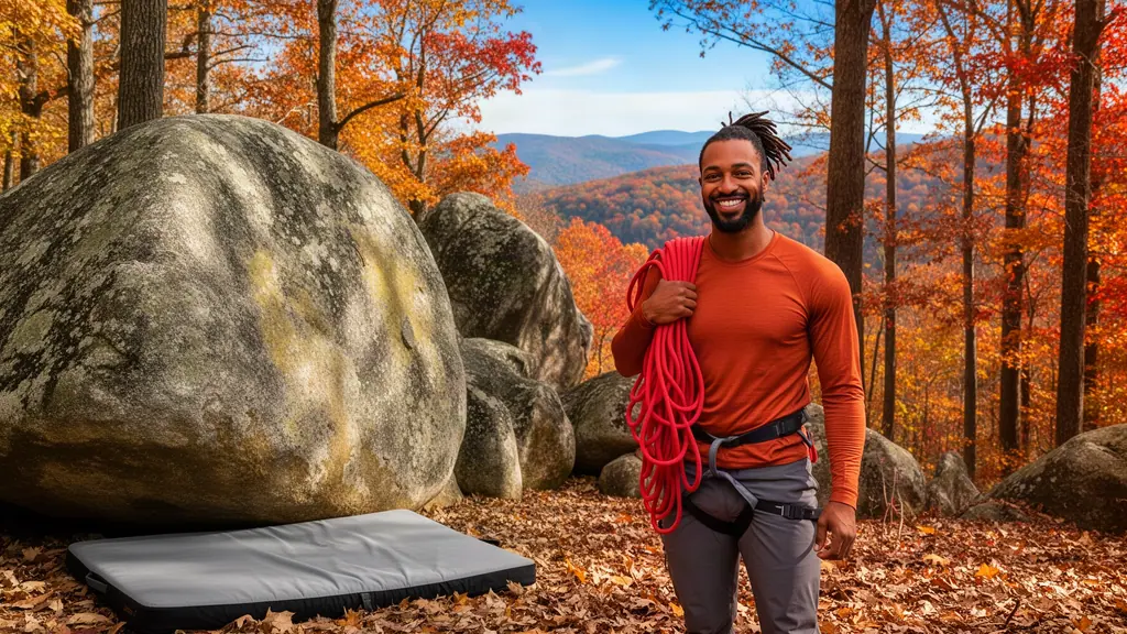 A smiling climbing guide coils a red rope beside giant sandstone boulders in a forest blazing with autumn color.
