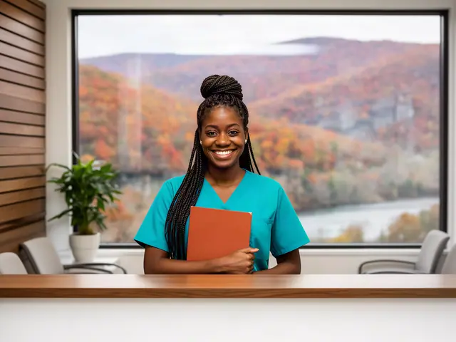 A smiling clinic office manager in teal scrubs holding an orange folder behind the reception counter.